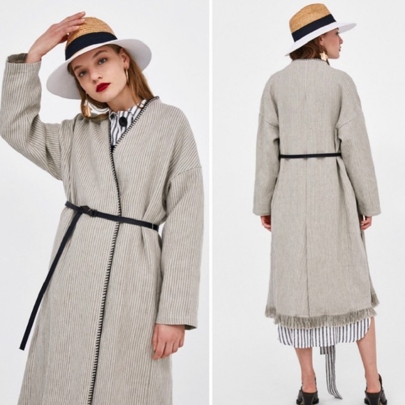 ZARA | Ecru Beige Belted Linen Striped Frayed Coat